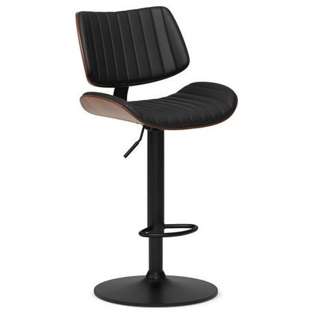 Novak Mid Century Modern Adjustable Bar Stool in Black Faux Leather