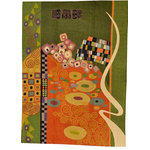 Kashmir Designs - Klimt 5ft x 7ft Green Art Nouveau Wool Rug / Wall Tapestry Hand Embroidered - This modern green art nouveau soft wool accent Rug is hand embroidered by the finest artisans of Kashmir and design inspired by the works of modern artist, Gustav Klimt. Many of our customers buy these contemporary rugs as a wall art to decorate the walls of their modern homes or to spice up their traditional decor. The expert Kashmiri needlework in this handmade, hand embroidered contemporary rug is of the finest chainstitch, a superlative stitch. The eye-catching design deserves to be seen and experienced. Wherever you place it, it is sure to draw attention. The wool embroidery makes it soft to the touch, and the texture of the embroidery is a sensory delight. This area rug will make an excellent outdoor or indoor rug and will add fun and festive atmosphere in your home.