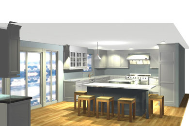 Foto de cocina clásica renovada extra grande con armarios estilo shaker, puertas de armario beige, encimera de cuarzo compacto, una isla y encimeras blancas