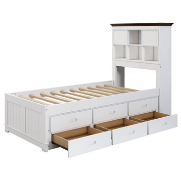 Gewnee Wood Twin Captain Bookcase Bed with Trundle and Drawers in White