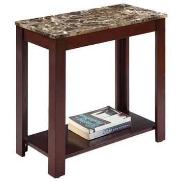 Transitional Console Table, Narrow Design With Faux Marble Top, Cherry Brown