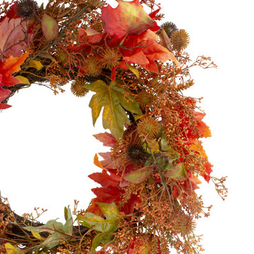 24" Autumn Harvest Maple Leaf With Berries Artificial Wreath; Unlit