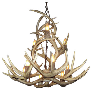 Mule Deer Yellowstone Chandelier, Brown Antler, Parchment Shades