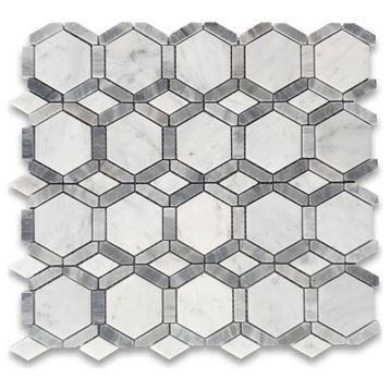 Carrara White Bardiglio Gray Marble Hollywood Hexagon Tile Honed, 1 sheet