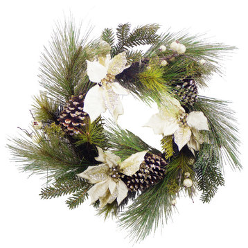 24" Poinsettia and Pine Cone Wreath