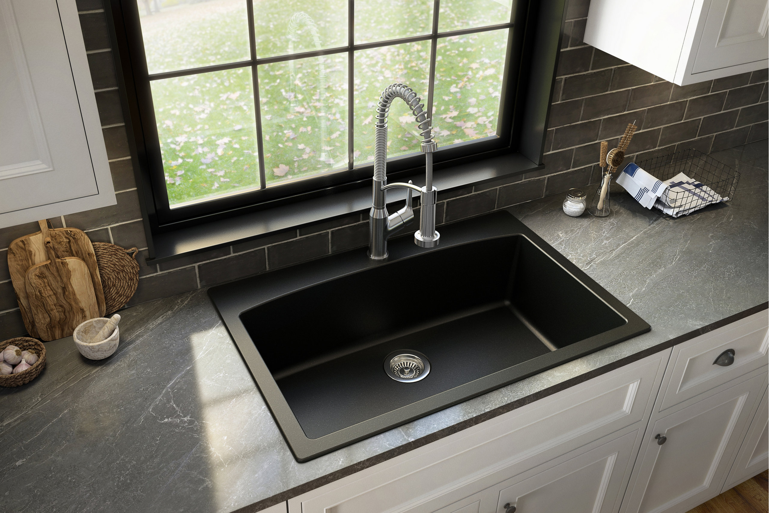 Karran Drop-In Quartz Composite 33" 1-Hole Single Bowl Kitchen Sink Kit, Black