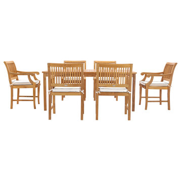 7 Piece Teak Wood Bermuda 71" Rectangular Patio Bistro Dining Set, 6 Arm Chairs