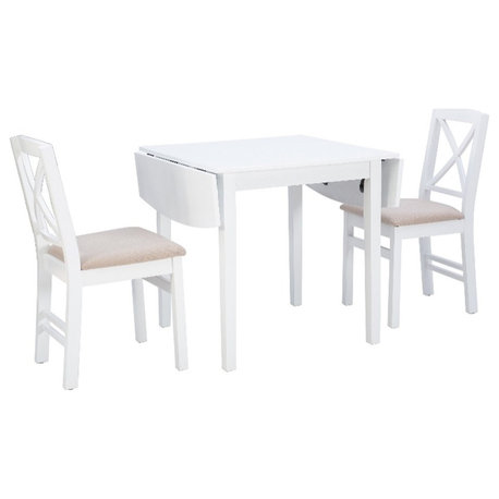 Linon Ervin Three Piece Drop Leaf Upholstered Small Dining Set in White Wood