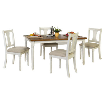 5 Pieces Dining Set, Large Table & Cushioned Chairs, Vanilla White/Honey Brown
