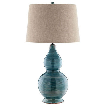 Blue-Golden Brown Gourd Table Lamp Made Of Ceramic And Steel A 3-Way Switch
