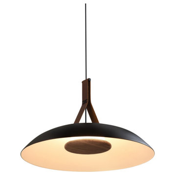Volo LED Pendant, Deux - Black/White Shade, Brown Leather/Walnut Disc, 4000K
