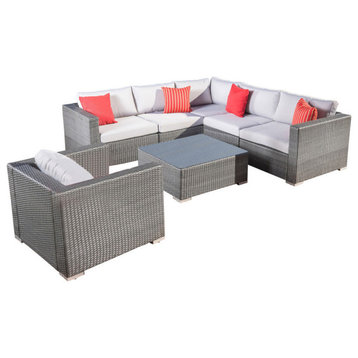 GDF Studio 7-Piece Francisco Outdoor Wicker Seating Sectional Set With Cushions, Gray/Light Gray