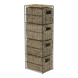 Traditional Storage Tower In Seagrass Wicker With Black Metal