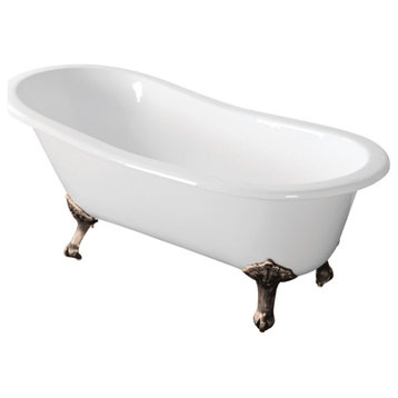 VCTND673122ZB8 67" Cast Iron Single Slipper Clawfoot Tub, White/Brushed Nickel