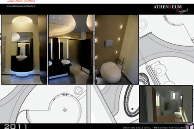 Cette image montre une douche en alcôve design avec une baignoire posée, WC suspendus, une grande vasque, un plan de toilette en bois et aucune cabine.