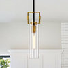 1-Light Black and Antique Gold Mini Pendant With Clear Cylindrical Glass ShadeFe