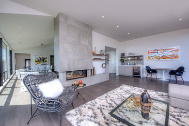 Living room - mid-sized coastal formal and open concept medium tone wood floor and brown floor living room idea in San Francisco with white walls, a standard fireplace and a concrete fireplace