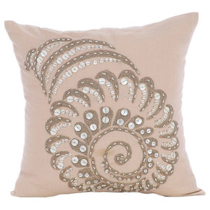 Beige Cotton Linen Beaded Sea Shell Throw Pillows Cover Shell