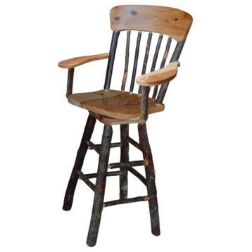 Hickory Panel Back Swivel Bar Chair with Arms, Rustic Hickory