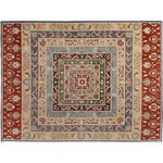 Bareens Designer Rugs - Bohemian Khurgeen Cruz Rust/Tan Wool Rug - 8'11'' x 11'11'' - Designed with a mesmerizing intricate transitional and geometric motif this glorious hand knotted rug made with handspun Ghazni wool is a masterpiece that will fill any space with sophistication and grace. Hand knotted by skilled artisans in an exhilarating color pallet with an elaborate design, this masterpiece features luxurious hand spun wool with all vegetable dyes to add comfort and style to your decor. The design, color, and beautiful chromatic composition with a sheen in transitional and geometric designs, exude beauty, elegance and quality make this rug an extraordinarily opulent center piece for your living space. The intricate designs known as Khurgeen, Khorgeen or Khorjin range are inspired by the patterns from ancient tribal bags. An infusion of bold, saturated color gives this traditional hand-knotted rug a fresh perspective and modern appeal. Most desired due to its versatility in design and affordability this handmade rug is in a compelling focal point in any living area.