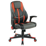 OSP Home Furnishings - Output Gaming Chair, Black Faux Leather With RGB LED Light Piping, Black/Red - Gear up for your next intensive gaming session with the output mid-back gaming chair. The contoured, densely padded, faux leather seat with built in lumbar support will keep you comfortable for the long haul. Find your optimal position with features like one-touch pneumatic seat height adjustment, locking tilt control with adjustable tilt tension, and versatile flip arms. Immerse yourself fully in your gaming experience with battery powered controllable RGB LED light piping. Durable nylon base with colored end caps and matching dual wheel casters deliver easy mobility.