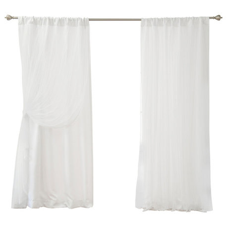 Rod Pocket Opaque Curtains With Tulle Overlay, White, 84"