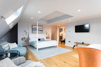 Expansive contemporary master bedroom in Other with blue walls, light hardwood flooring, no fireplace, brown floors and a vaulted ceiling.