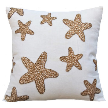 White Decorative Pillow Covers 18"x18" Cotton, Gold Starfish