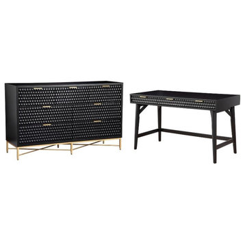 Home Square 2-Piece Set with 7 Drawer Dresser and Large Wood Desk in Black