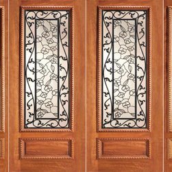 Floral Ironwork Glass, Mahogany Prehung Double Door Two Sidelites - Front Doors