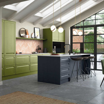 Handleless Shaker-Style Kitchen Painted Slate Blue and Citrus Green