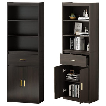 Tall Storage Wooden Bookshelf with 3 Tiers Shelf, 2 Doors & 1 Drawer