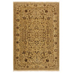 Bareens Designer Rugs - Shabby Chic Ziegler Falcon Tan Beige Hand-Knotted Wool Rug - 3'7'' x 6'0'' - Enhance the ambiance of your home with this magnificent Persian-influenced Turkish hand-knotted rug made by skilled artisans capable of creating the most exceptional vegetable dyes and hand-spun wool. This exquisite handmade rug is a one-of-a-kind Peshawar Kafkaz, otherwise identified as Chobi, Chobi Peshawar, Oushak, or Ziegler rug. These handmade rugs are crafted in Pakistan utilizing superior-quality wool imported from Australia, New Zealand, and Korea in two types of weaves: the Persian weave and the Mori weave. This rug is meticulously crafted by hand using the finest natural vegetable dyes extracted from local plants. The artisans use a blend of hand-spun local and fine merino wool, resulting in a rug with a compelling texture, higher lanolin content, and longer staple. The artisans occasionally incorporate natural or artificial silk into the pile to enhance specific motifs. The finished product is an awe-inspiring execution of flawless design and an understated palette that exudes elegance.