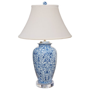 Porcelain Blue and White Floral  Vase Table Lamp With Crystal Base
