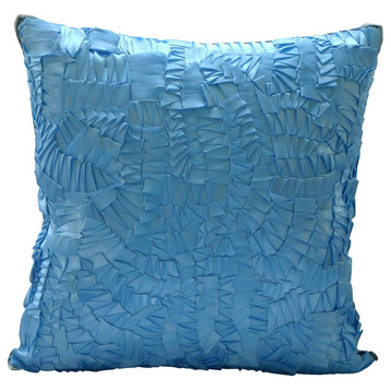 Blue Art Silk 18"x18" Ribbon Art Work Decorative Pillows Cover, Mist