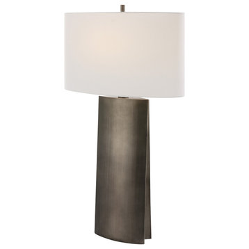 Minimalist Dark Steel Gray Metal Table Lamp 33 in Modern Industrial Flat Oval