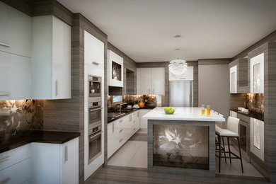 Eat-in kitchen - mid-sized contemporary u-shaped eat-in kitchen idea in Toronto with flat-panel cabinets, quartz countertops, glass sheet backsplash and an island
