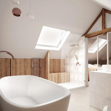 Salle de bain avec zellige, baignoire îlot, douche, vasque et suspensions en cér