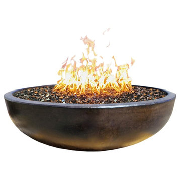 48" Concrete Fire Pit Bowl, Dark Bronze, Crushed Black Lava Filling, Natural Gas