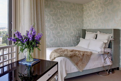 Small transitional guest carpeted bedroom photo in Boise with multicolored walls and no fireplace