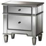 Wholesale Interiors - Sussie HollyWood Regency Glamour Style Mirrored 2-Drawer Nightstand - Sussie mirrored 2-drawer nightstand is a glamorous storage option for small bedroom setting. Bring the look of vintage Hollywood to your d cor with this luxe mirrored bed side table featuring bronze finish hardware and a beveled table top. Give your bedroom or living room a more glamorous look with this glimmering nightstand. This stand features 2 drawers that ll provide plenty of storage space, arrow legs, a mirrored top, and a brush of silver color that ll create an elegant look. It can be used as a side nightstand next to your bed or an end table in your living room. Nightstand comes fully assembled, with only the drawer handles to attach. Made in China.