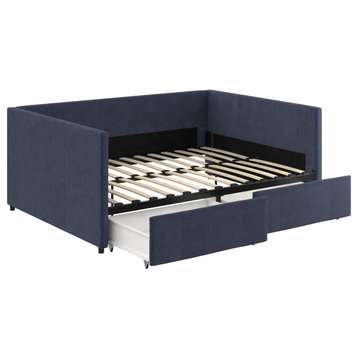 Contemporary Daybed With Storage Drawers, Upholstered Design, Blue Linen, Full