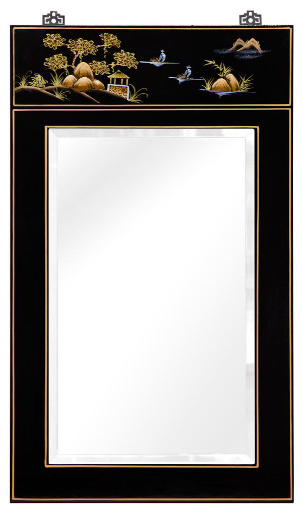 Chinoiserie Scenery Motif Oriental Vertical Mirror Asian Wall