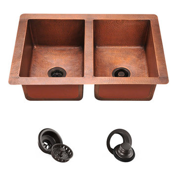 902 Equal Double Bowl Copper Sink, Strainer and Flange