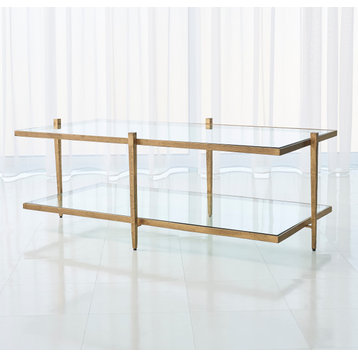 Minimalist 2 Tiered Gold Iron Coffee Table  Simple Glass Shelf Open Modern