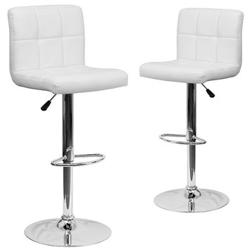 Set of 2 Bar Stool, Chrome Base and Square Tufted Faux Leather Seat, White