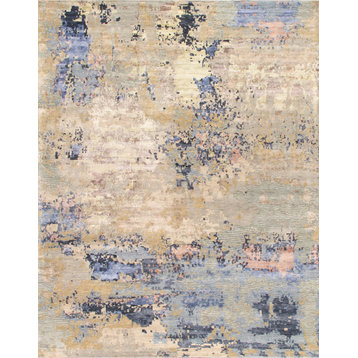 Modern Hand-Knotted Silk and Wool Area Rug, 9' 1" X 11'10", Beige