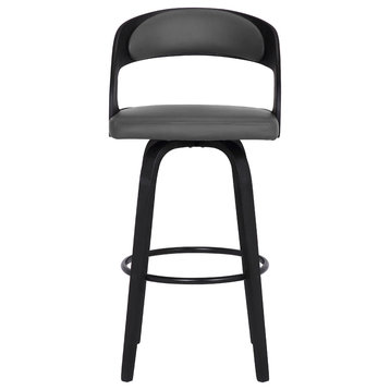 Leaver 26" Swivel Counter Stool, Black Brush Wood Finish and Gray Faux Leather