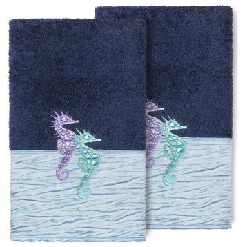 100% Turkish Cotton Sofia 2-Piece Embellished Hand Towel Set, Midnight Blue