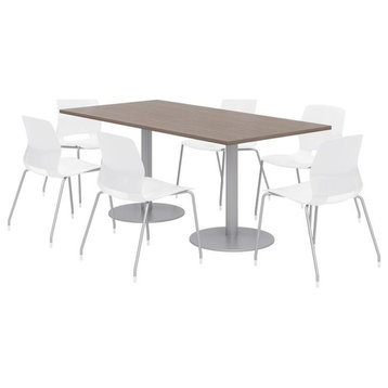 36 x 72" Table - 6 White Lola Chairs - Teak Top - Silver Base